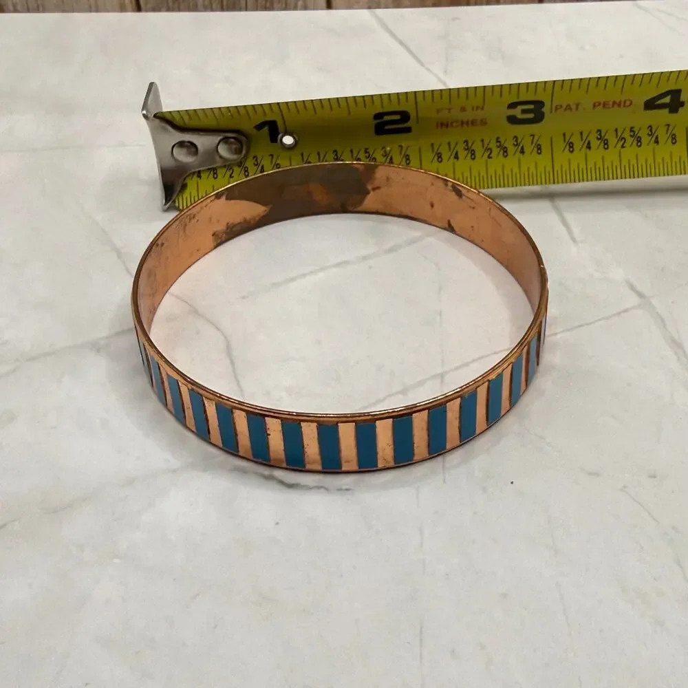 Vintage Copper Turquoise Blue Enamel Striped Bangle Bracelet MCM Boho